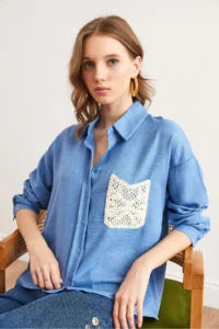 Olalook Women's Indigo Guipure Pocket Detailed Linen Look Shirt - Image 8