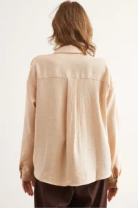 Olalook Women's Stone Guipure Pocket Detailed Linen Look Shirt - Image 2