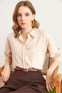 Olalook Women's Stone Guipure Pocket Detailed Linen Look Shirt - Image 3
