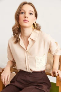Olalook Women's Stone Guipure Pocket Detailed Linen Look Shirt - Image 4