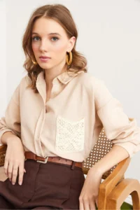 Olalook Women's Stone Guipure Pocket Detailed Linen Look Shirt - Image 5