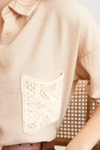Olalook Women's Stone Guipure Pocket Detailed Linen Look Shirt - Image 6