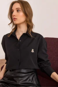 Olalook Women's Black Buttoned Teddy Bear Embroidered Shirt