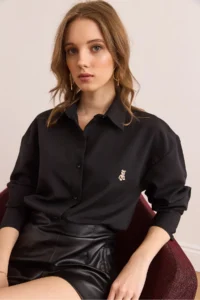 Olalook Women's Black Buttoned Teddy Bear Embroidered Shirt - Image 3