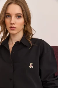 Olalook Women's Black Buttoned Teddy Bear Embroidered Shirt - Image 5