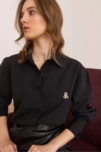 Olalook Women's Black Buttoned Teddy Bear Embroidered Shirt - Image 6