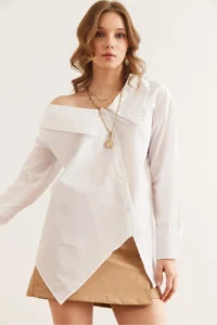 Olalook Women's White Collar Detailed Asymmetrical Woven Shirt - Image 3