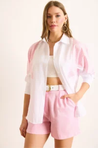 Olalook Women's White Pink Stripe Detailed Trend Shirt - Image 2