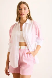Olalook Women's White Pink Stripe Detailed Trend Shirt - Image 3