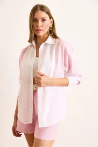 Olalook Women's White Pink Stripe Detailed Trend Shirt - Image 4