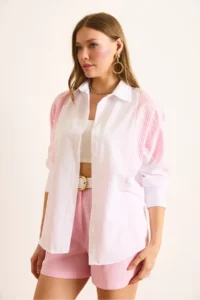Olalook Women's White Pink Stripe Detailed Trend Shirt - Image 5
