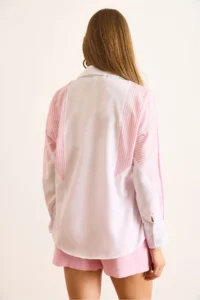 Olalook Women's White Pink Stripe Detailed Trend Shirt - Image 6