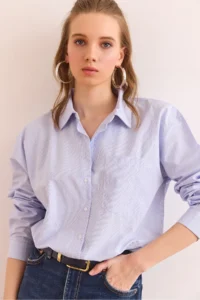 Olalook Women's Blue Single Pocket Regular Fit Cotton Shirt