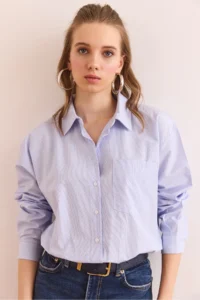 Olalook Women's Blue Single Pocket Regular Fit Cotton Shirt - Image 3