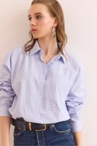 Olalook Women's Blue Single Pocket Regular Fit Cotton Shirt - Image 4