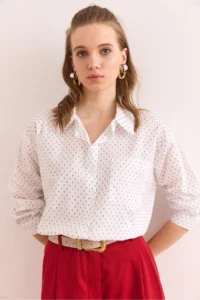 Olalook Women's White Green Single Pocket Regular Fit Cotton Shirt - Image 3
