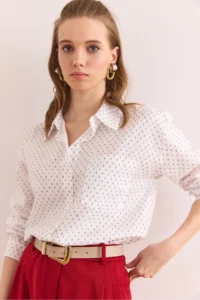 Olalook Women's White Green Single Pocket Regular Fit Cotton Shirt - Image 4