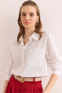 Olalook Women's White Green Single Pocket Regular Fit Cotton Shirt - Image 5