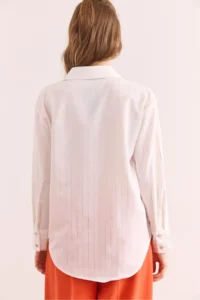 Olalook Women's Ecru Silver Thick Shiny Striped Loose Shirt - Image 2