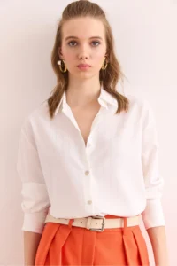 Olalook Women's Ecru Silver Thick Shiny Striped Loose Shirt - Image 3