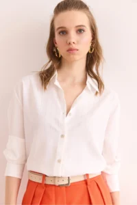Olalook Women's Ecru Silver Thick Shiny Striped Loose Shirt - Image 4