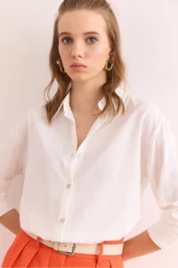 Olalook Women's Ecru Silver Thick Shiny Striped Loose Shirt - Image 5