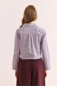 Olalook Women's Purple Pocket Detailed Striped Crop Shirt - Image 2