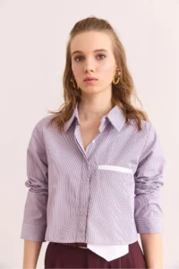 Olalook Women's Purple Pocket Detailed Striped Crop Shirt - Image 3