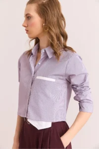 Olalook Women's Purple Pocket Detailed Striped Crop Shirt - Image 4