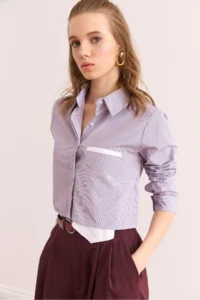 Olalook Women's Purple Pocket Detailed Striped Crop Shirt - Image 5