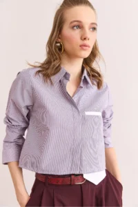 Olalook Women's Purple Pocket Detailed Striped Crop Shirt - Image 6