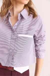 Olalook Women's Purple Pocket Detailed Striped Crop Shirt - Image 7