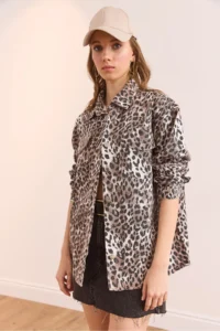 Olalook Women's Stone Pocket Leopard Oversize Gabardine Shirt - Image 2