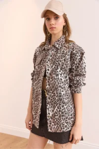 Olalook Women's Stone Pocket Leopard Oversize Gabardine Shirt - Image 3
