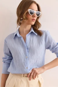 Olalook Women's Baby Blue Transparent Detailed Stylish Woven Shirt