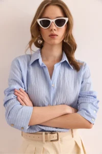 Olalook Women's Baby Blue Transparent Detailed Stylish Woven Shirt - Image 3