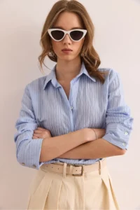 Olalook Women's Baby Blue Transparent Detailed Stylish Woven Shirt - Image 4