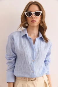 Olalook Women's Baby Blue Transparent Detailed Stylish Woven Shirt - Image 5