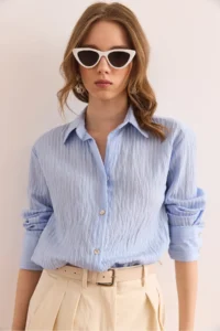 Olalook Women's Baby Blue Transparent Detailed Stylish Woven Shirt - Image 6