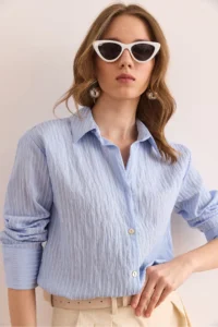 Olalook Women's Baby Blue Transparent Detailed Stylish Woven Shirt - Image 7