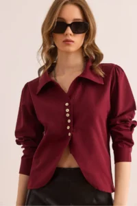 Olalook Women's Burgundy Button Detailed Oval Crop Shirt
