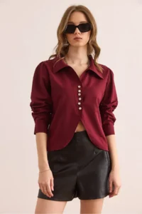 Olalook Women's Burgundy Button Detailed Oval Crop Shirt - Image 2