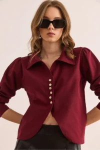 Olalook Women's Burgundy Button Detailed Oval Crop Shirt - Image 3