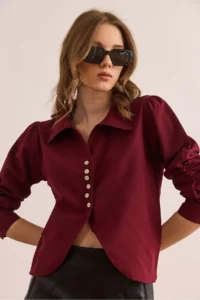 Olalook Women's Burgundy Button Detailed Oval Crop Shirt - Image 4
