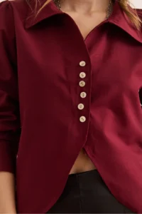 Olalook Women's Burgundy Button Detailed Oval Crop Shirt - Image 5