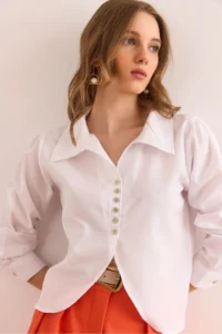 Olalook Women's White Button Detailed Oval Crop Shirt