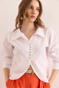 Olalook Women's White Button Detailed Oval Crop Shirt - Image 2