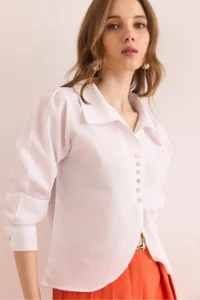 Olalook Women's White Button Detailed Oval Crop Shirt - Image 3