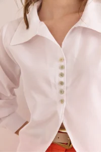 Olalook Women's White Button Detailed Oval Crop Shirt - Image 4