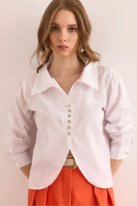 Olalook Women's White Button Detailed Oval Crop Shirt - Image 6